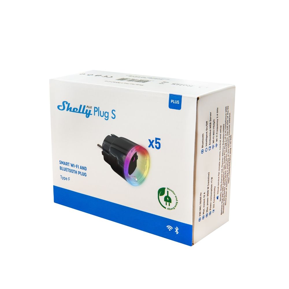 Shelly PLUS Plug S Wi-Fi + Bluetooth fogyasztásmérős okoskonnektor, fekete (5 darabos akciós csomag)
