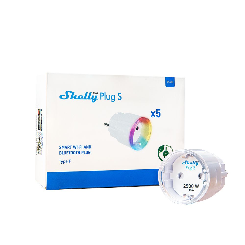 Shelly PLUS Plug S Wi-Fi + Bluetooth fogyasztásmérős okoskonnektor, fehér (5 darabos akciós csomag)