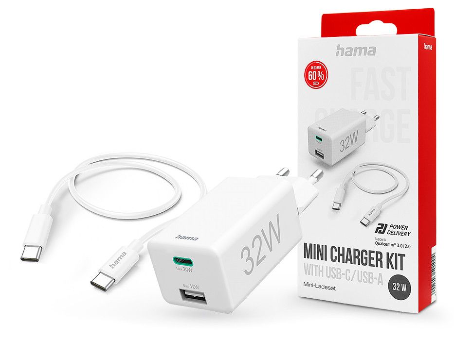 HAMA hálózati töltő adapter USB + Type-C bemenettel + Type-C - Type-C kábel -   32W - HAMA Mini Charger Kit PD3.0 + QC3.0 - fehér