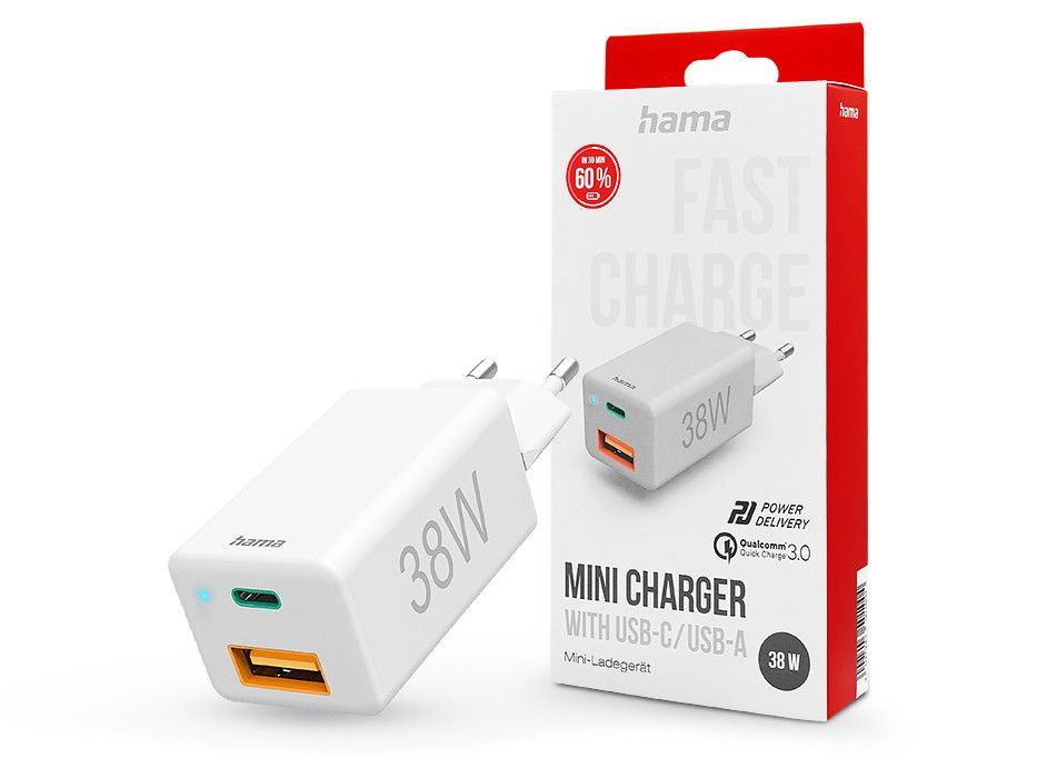 HAMA hálózati töltő adapter Type-C + USB bemenettel - 38W - HAMA Mini Fast      Charge PD3.0 + QC3.0 - fehér