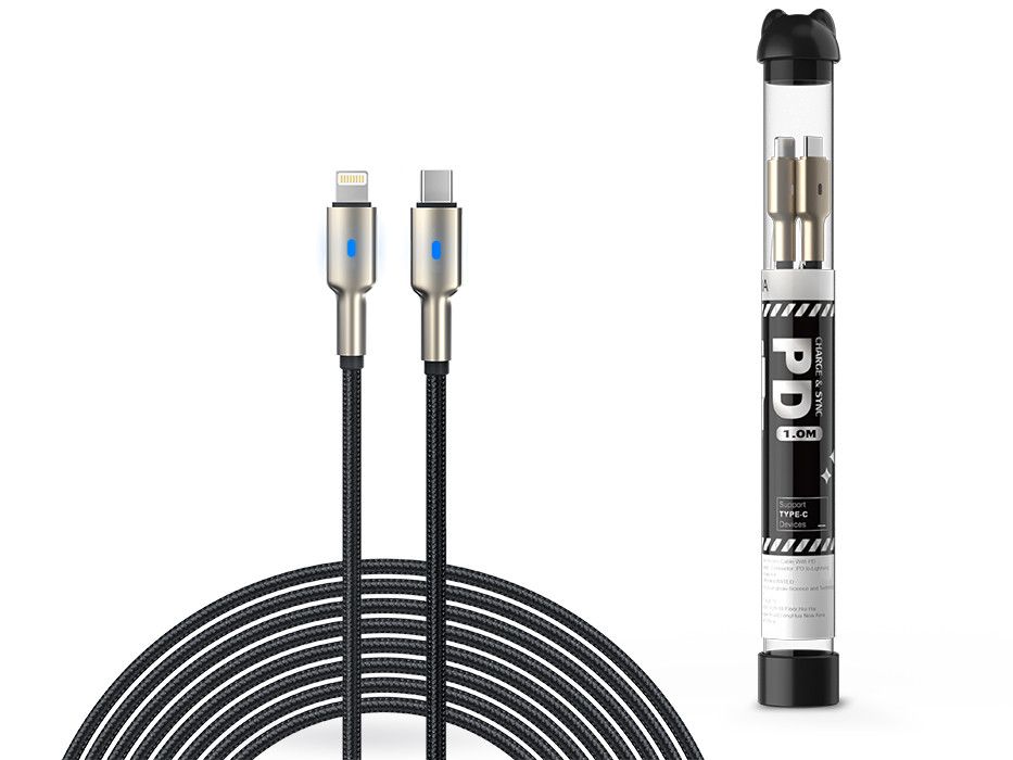 Devia USB Type-C - Lightning adat- és töltőkábel 1 m-es vezetékkel - Devia Tube Mars Series PD Cable With Lightning - 5V/3A - fekete
