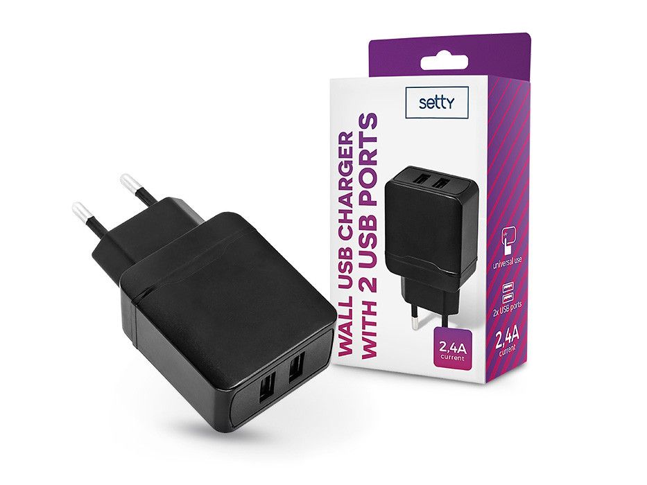 Setty 2xUSB hálózati töltő adapter - Setty USB Wall Charger - 5V/2,4A - fekete
