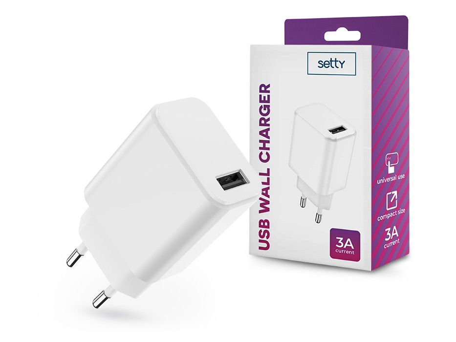 Setty USB hálózati töltő adapter - Setty USB Wall Charger - 5V/3A - fehér
