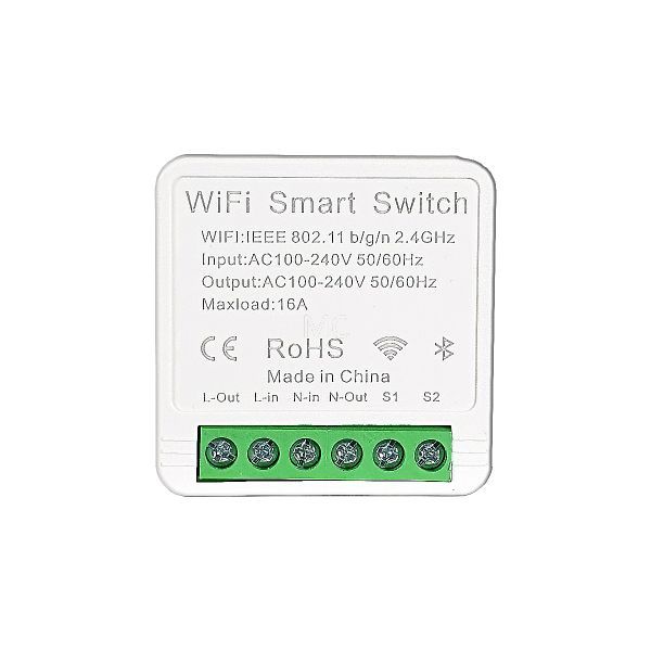 SmartWise Mini BT (WiFi + Bluetooth) okosrelé (16A), vezetékes kapcsolóbemenettel, Bluetooth vezetéknélküli távirányíthatósággal
