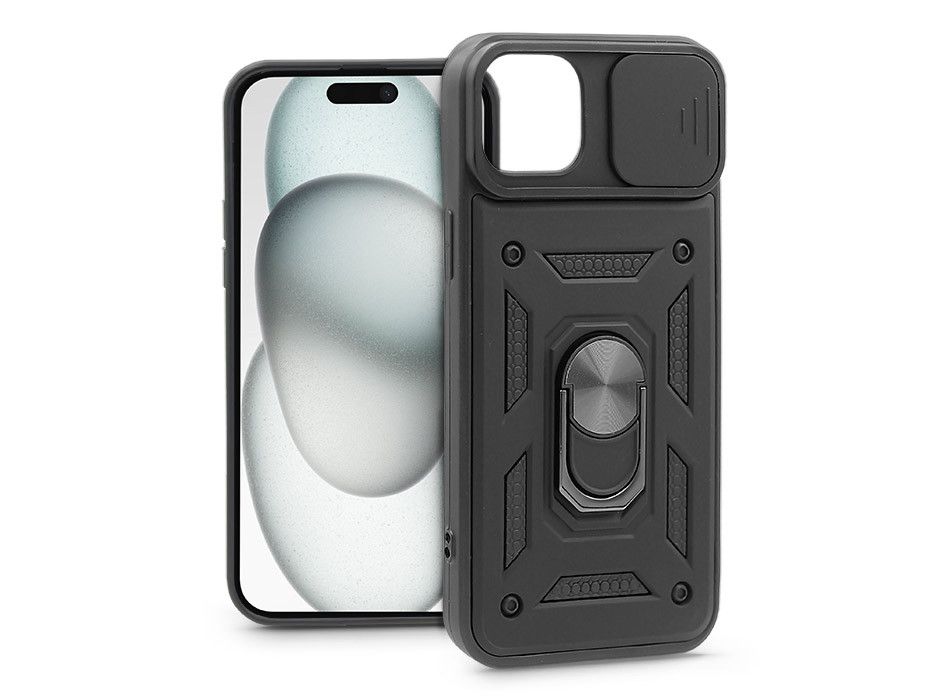 Apple iPhone 15 Plus ütésálló hátlap gyűrűvel és kameravédővel - Slide Armor -  fekete