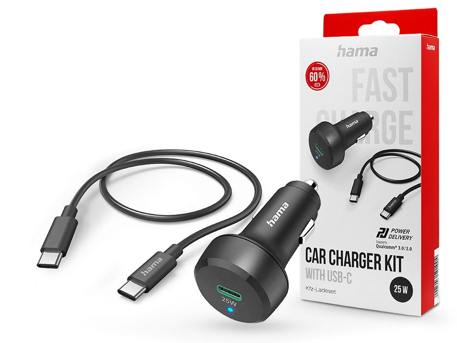 HAMA szivargyújtó töltő adapter Type-C bemenettel + Type-C - Type-C kábel - 25W - HAMA Car Charger Kit with USB-C - fekete