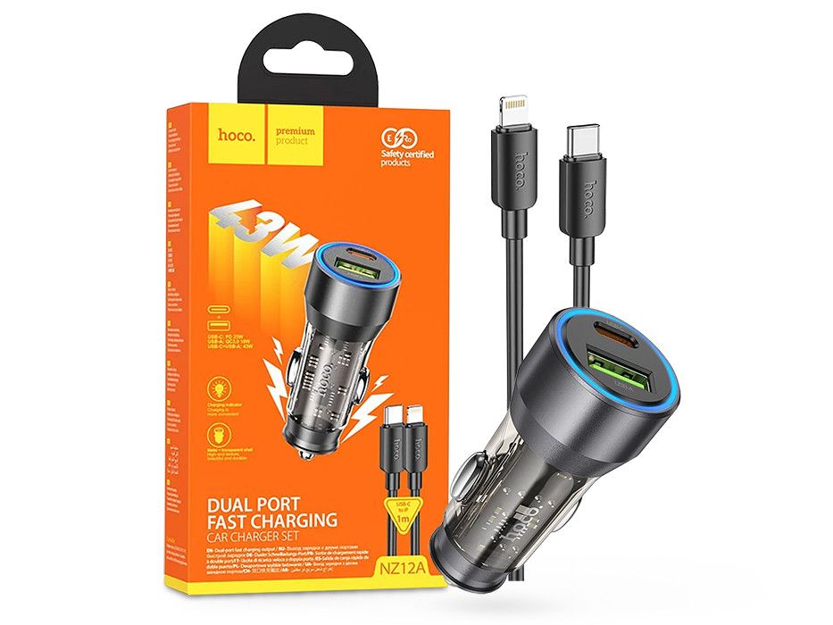 HOCO szivargyújtó töltő adapter USB-A + Type-C bemenettel + Type-C - Lightning kábel - 43W - HOCO NZ12A Dual Port Fast Charging Set - fekete