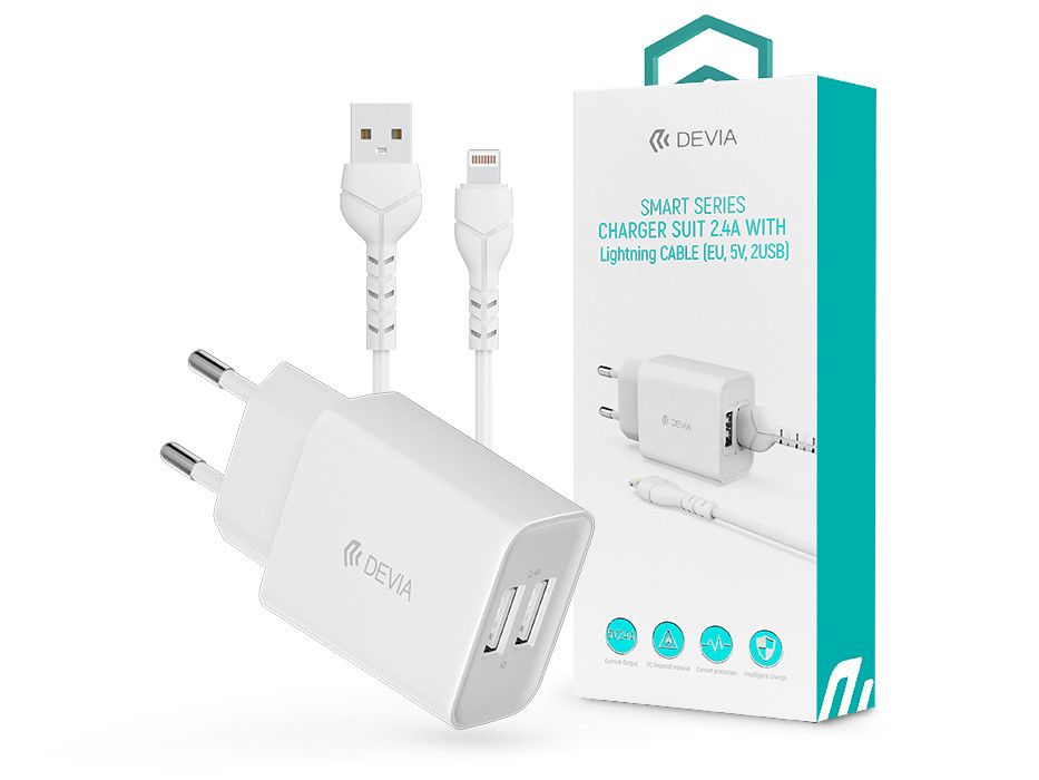 Devia Smart 2xUSB hálózati töltő adapter + USB - Lightning USB kábel 1 m-es     vezetékkel - 12W - Devia Smart Series Charger Suit With Lightning Cable - fehér