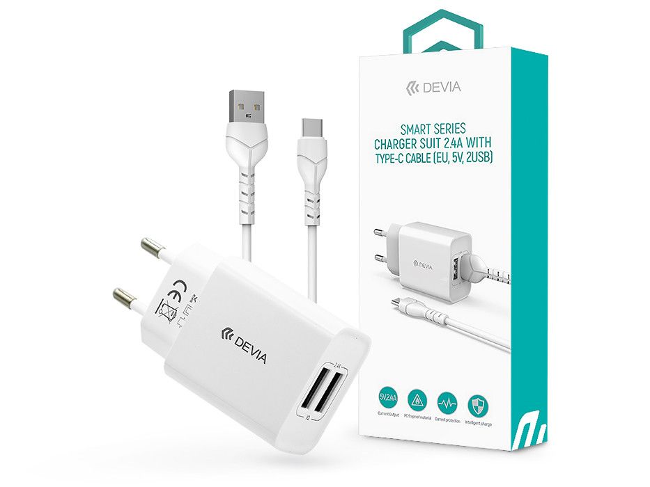 Devia 2xUSB hálózati töltő adapter + USB - Type-C kábel 1 m-es vezetékkel - 12W - Devia Smart Series Charger Suit With Type-C Cable - fehér