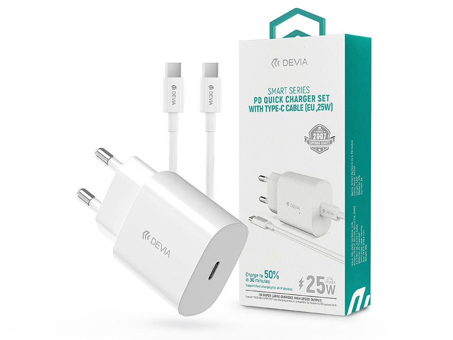 Devia hálózati töltő adapter Type-C bemenettel + Type-C - Type-C adatkábel - 25W- Devia Smart Series PD Quick Charger Set - fehér