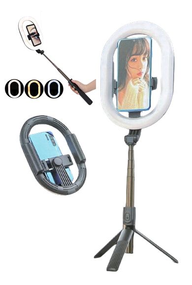 Selfie Fehér körfény, körlámpa 23x16 cm 1db Selfie bot + Telefon tartóval távirányítóval, állvánnyal, Selfie ring light - A8