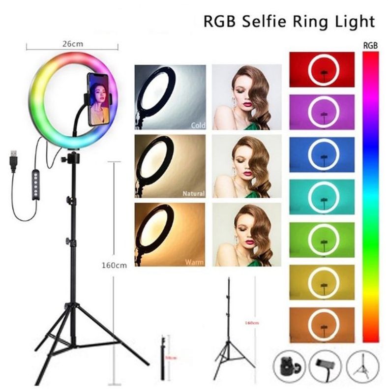 RGB színes körfény, körlámpa 26cm 1db Telefon tartóval távirányítóval, 2m állvánnyal, ring light - MJ26