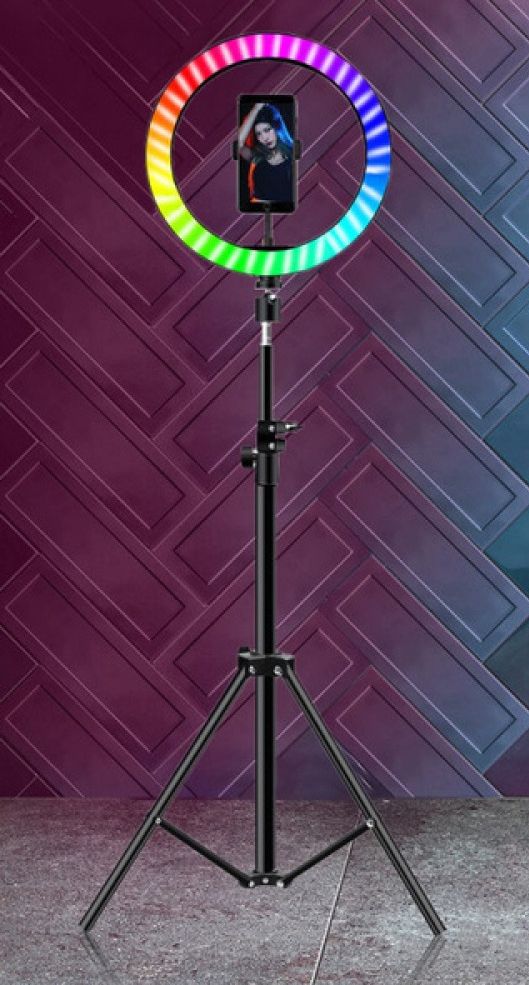 RGB színes körfény, körlámpa 26cm 1db Telefon tartóval távirányítóval, 2m állvánnyal, ring light - MJ26