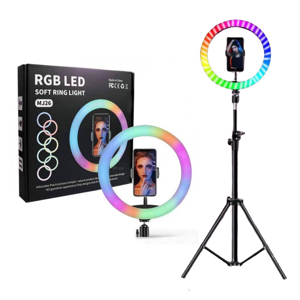 RGB színes körfény, körlámpa 26cm 1db Telefon tartóval távirányítóval, 2m állvánnyal, ring light - MJ26