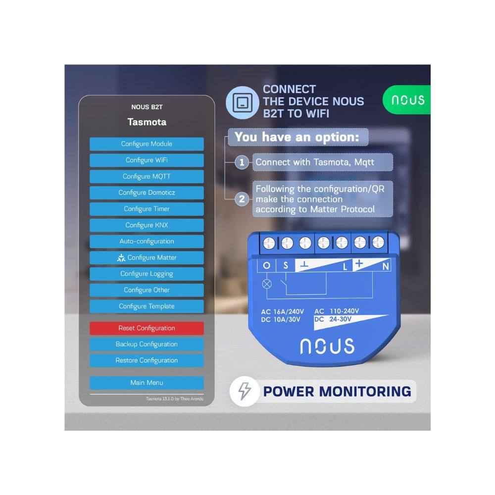 Nous B2T okos Wi-Fi-s 1 áramkörös, fogyasztásmérős mini kapcsolórelé modul (Tasmota firmware, Matter kompatibilis)