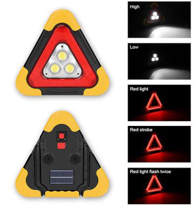 Multifunkciós 3 LED lámpa akkumulátoros napelemes elakadásjelző háromszög USB - HB-7709