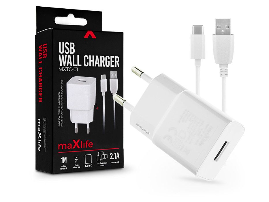 Maxlife USB hálózati töltő adapter + USB - Type-C kábel 1 m-es vezetékkel - 10W - Maxlife MXTC-01 USB Wall Charger - fehér