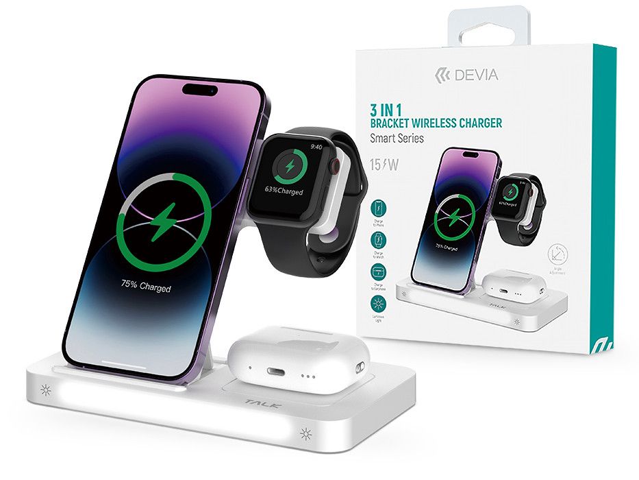 Devia Qi univerzális vezeték nélküli töltő állomás - 15W - Devia Smart Series 3 In 1 Bracket Wireless Charger for Smartphone + iWatch + Airpods - fehér