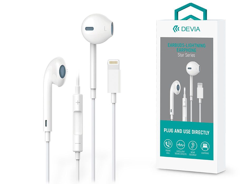 Devia sztereó felvevős fülhallgató Lightning csatlakozóval - Devia Star Series  Earbuds Lightning Earphone - fehér