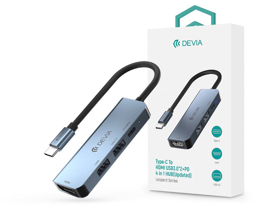 Devia USB Type-C - 2xUSB 3.0 + PD + HDMI elosztó/adapter - Devia Leopard 4in1   Hub (Updated) - szürke