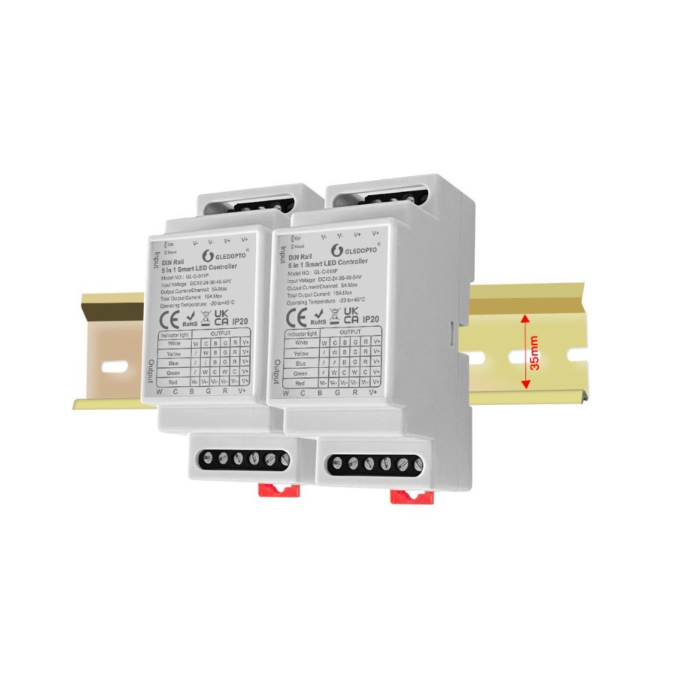 Gledopto GL-C-011P, Pro 5-in-1-ben LED vezérlés, 12V-54V DC, DIN-sínes (Zigbee+2.4GHz RF)