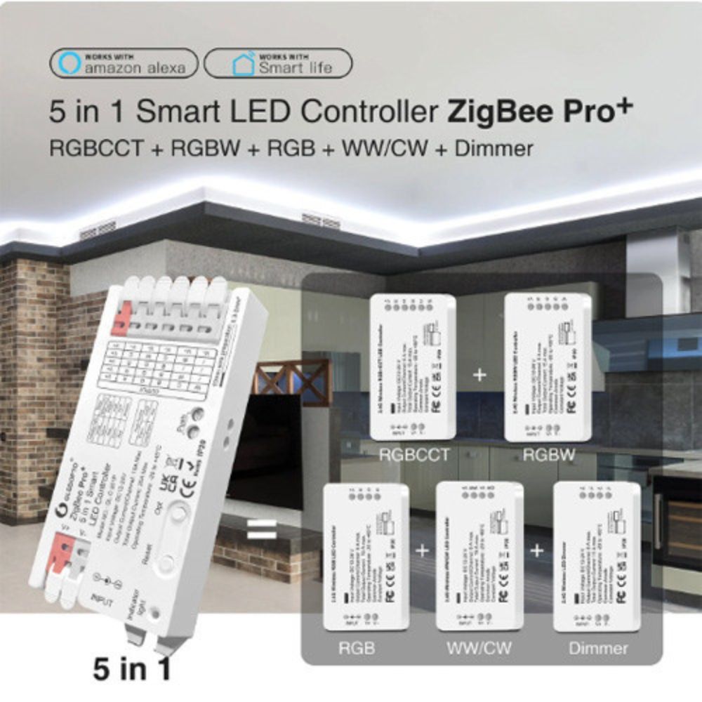 Gledopto GL-C-201P, Pro 5-in-1-ben LED vezérlés, 12V-24V DC (Zigbee+2.4GHz RF), kapcsolóbemenettel