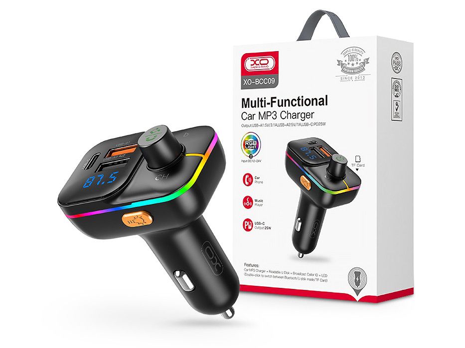 XO Bluetooth FM-transmitter / szivargyújtó töltő - 2xUSB + MP3 + Pendrive       lejátszás + RGB Light + PD25W Fast Charger - XO BCC09 - fekete