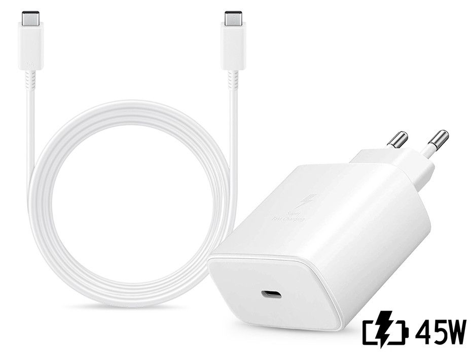 Samsung gyári hálózati töltő adapter Type-C bemenettel + 1,8 m-es Type-C -      Type-C kábel - 45W - EP-TA845EWE + EP-DX510JWE - fehér (ECO csomagolás)